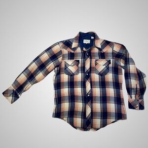 Hi Gear Plaid Western Shirt Men Long Sleeve Snap Button Flannel Blue Red Cream M